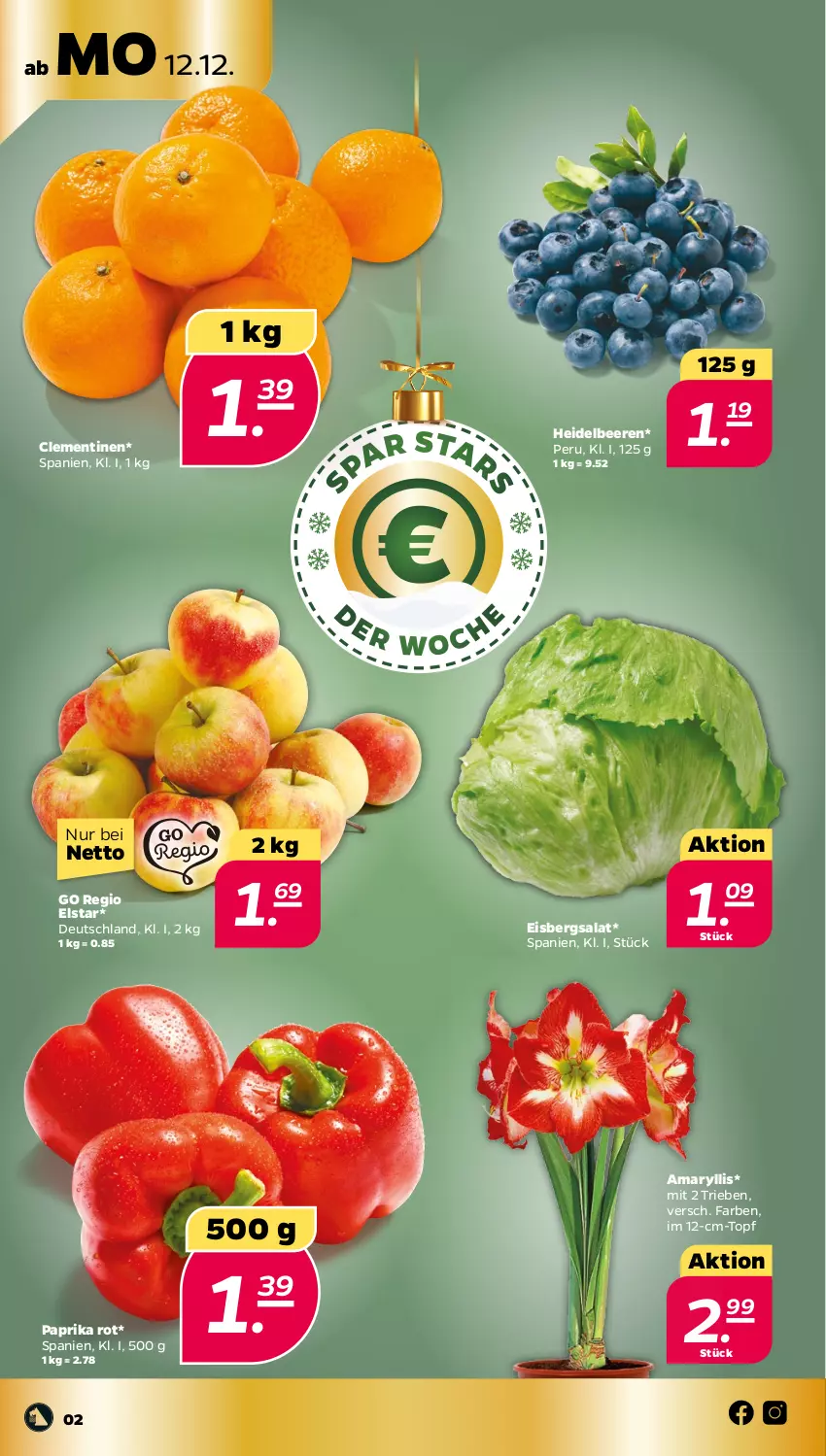 Aktueller Prospekt Netto - Woche 50 - von 12.12 bis 17.12.2022 - strona 2 - produkty: beere, beeren, clementinen, eis, eisbergsalat, heidelbeere, heidelbeeren, paprika, paprika rot, salat, Ti, topf