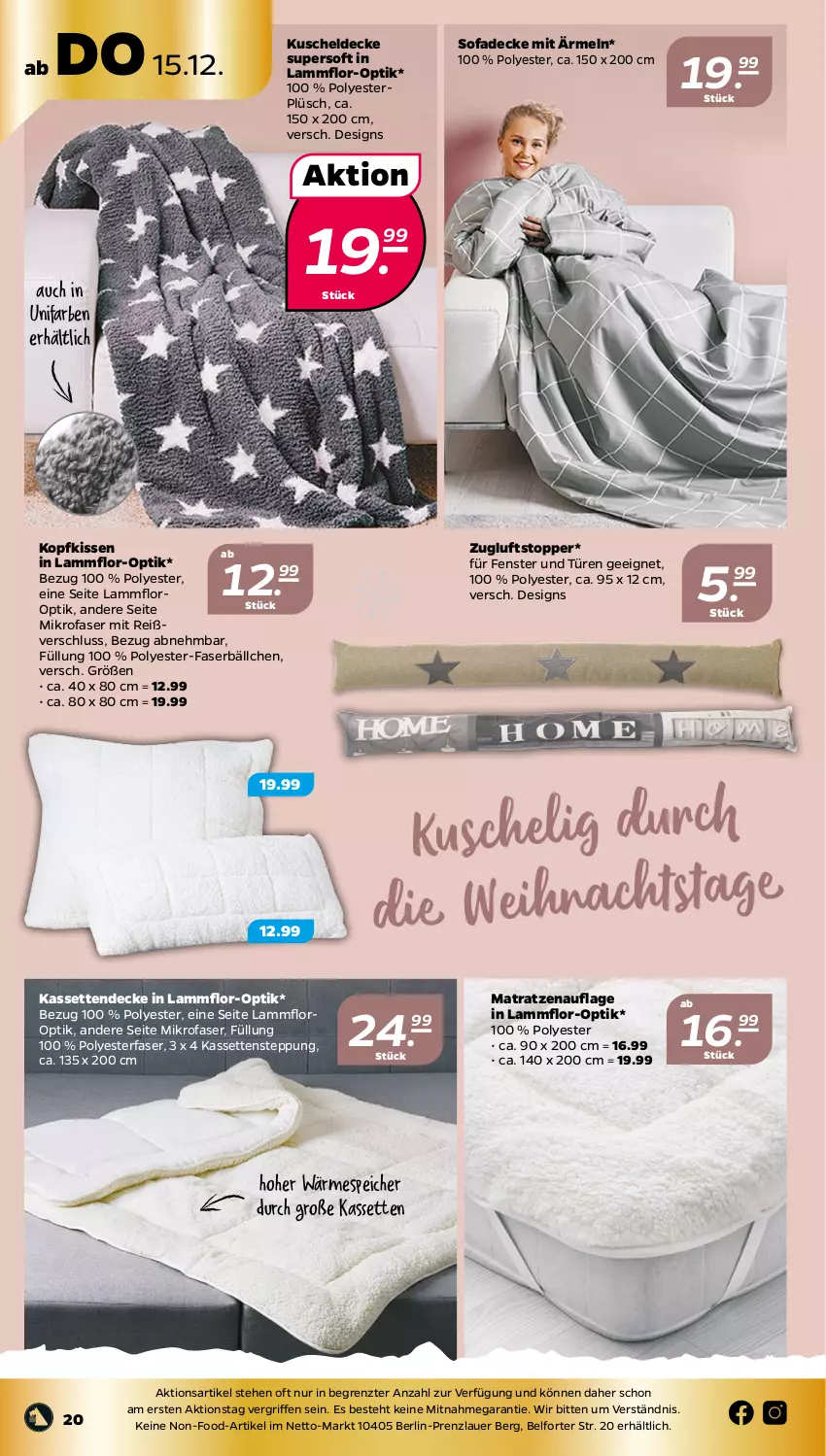 Aktueller Prospekt Netto - Woche 50 - von 12.12 bis 17.12.2022 - strona 20 - produkty: auer, decke, fenster, Fenster und Türen, Kassettendecke, kissen, kopfkissen, kuscheldecke, lamm, matratze, matratzen, matratzenauflage, mikrofaser, Plüsch, Sofa, Ti, topper, ZTE, Zugluftstopper