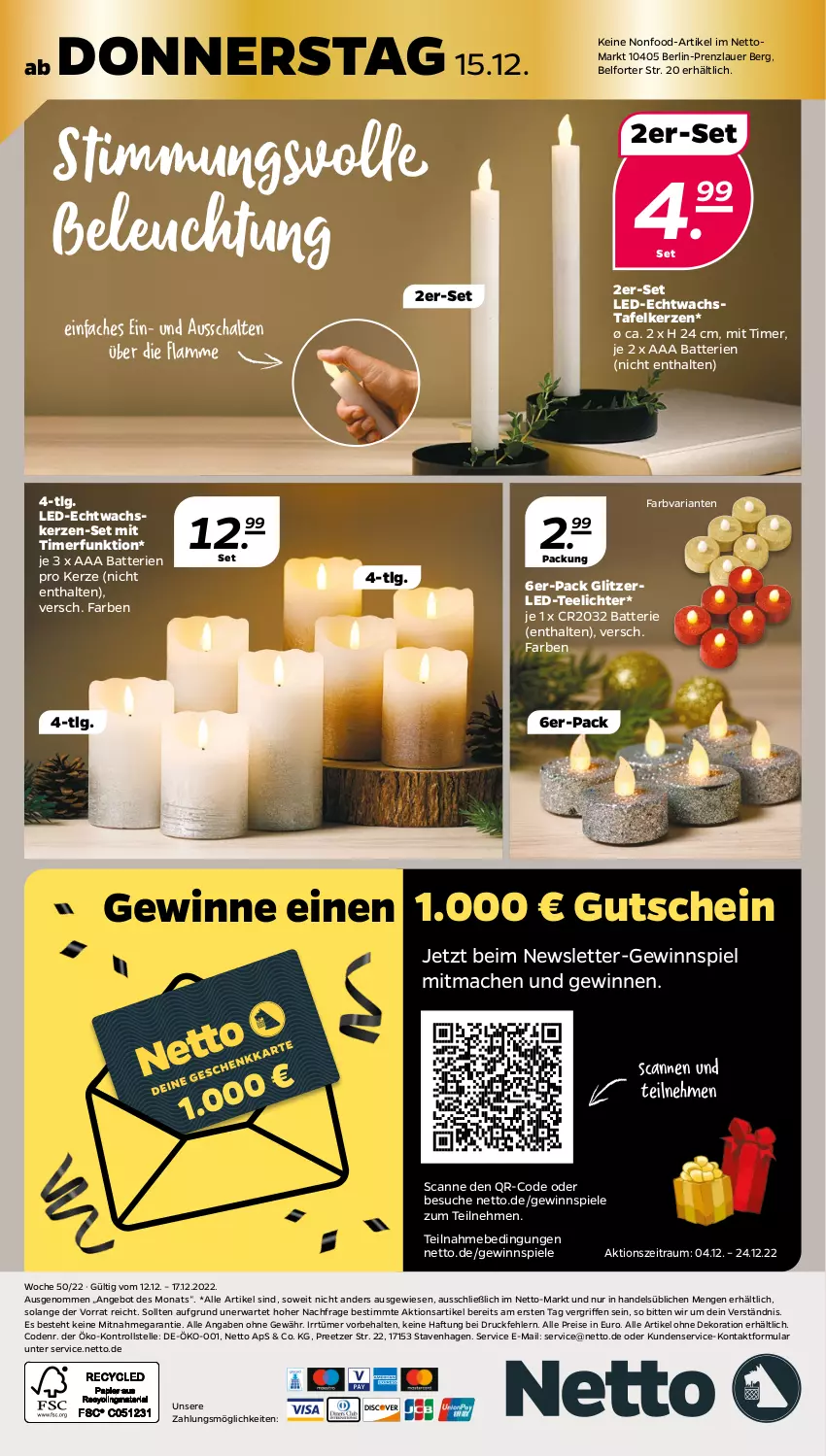 Aktueller Prospekt Netto - Woche 50 - von 12.12 bis 17.12.2022 - strona 28 - produkty: alle artikel ohne dekoration, angebot, auer, batterie, batterien, beleuchtung, dekoration, Echtwachskerzen, eis, elle, gewinnspiel, gutschein, kerze, lamm, LG, mac, reis, Ria, Schal, Spiele, tee, Teelicht, teelichte, Ti, timer