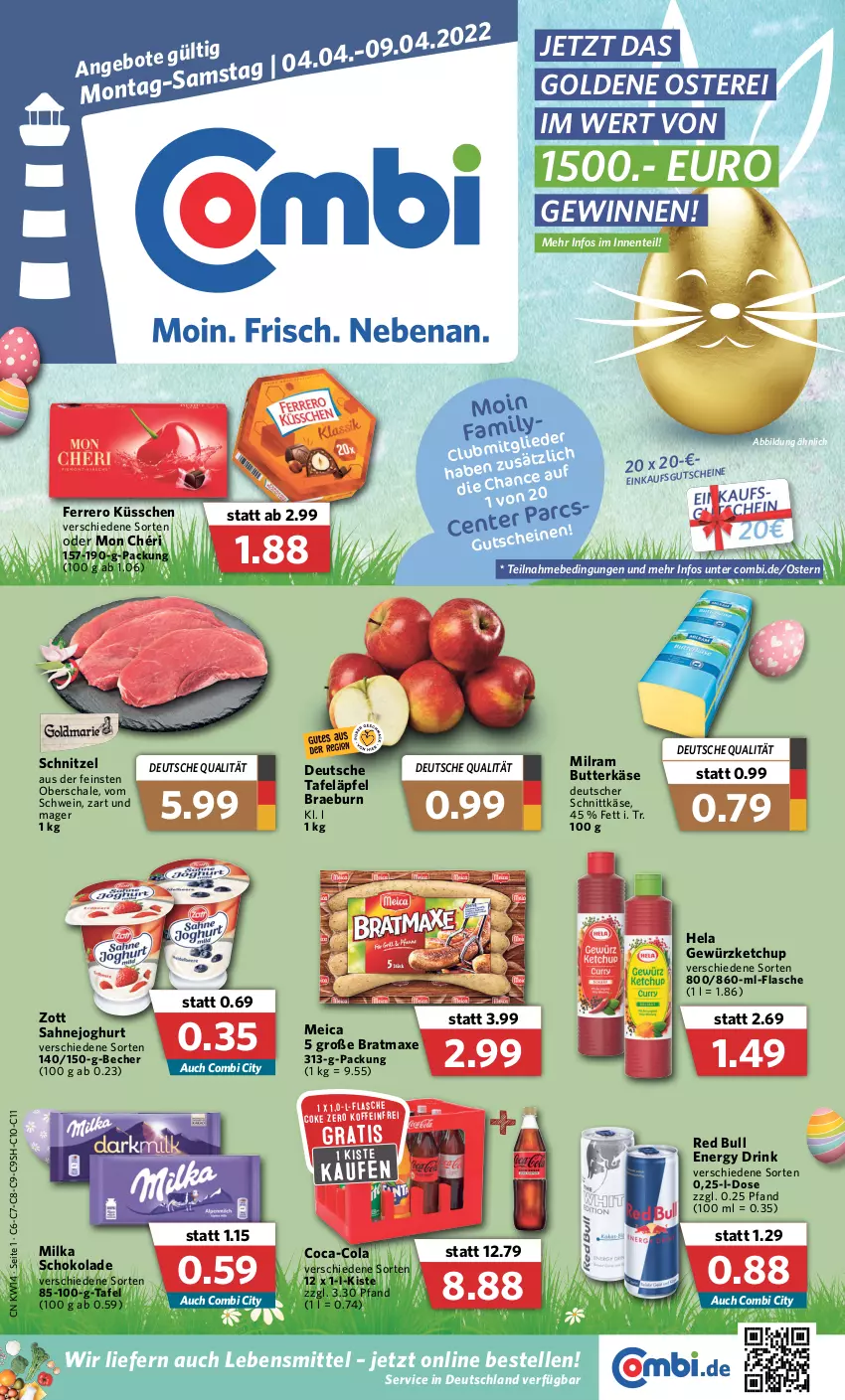 Aktueller Prospekt Combi - Prospekte - von 04.04 bis 09.04.2022 - strona 1 - produkty: axe, Becher, bratmaxe, butter, butterkäse, coca-cola, cola, drink, elle, energy drink, ente, ferrero, Ferrero Küsschen, flasche, gewürz, gewürzketchup, Hela, joghur, joghurt, Käse, ketchup, lebensmittel, meica, milka, milka schokolade, milram, Mon Chéri, red bull, sahne, Sahnejoghurt, Schal, Schale, schnittkäse, schnitzel, schoko, schokolade, schwein, tafeläpfel, Ti, wein, zott