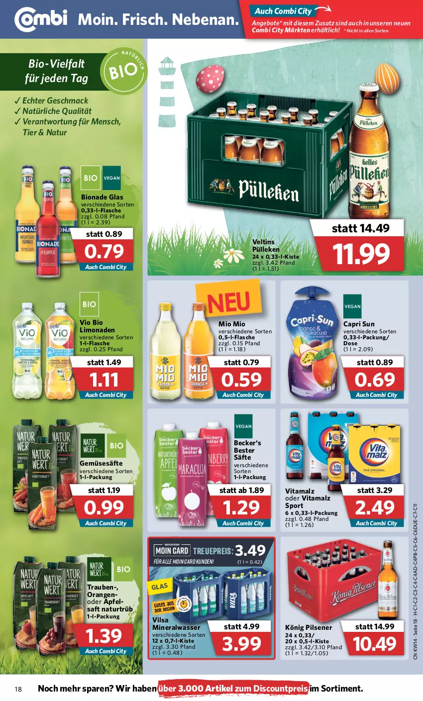 Aktueller Prospekt Combi - Prospekte - von 04.04 bis 09.04.2022 - strona 18 - produkty: Alwa, angebot, angebote, apfel, apfelsaft, bio, bio limo, bionade, Cap, discount, eis, flasche, könig pilsener, limo, limonade, limonaden, mac, malz, mineralwasser, Mio Mio, natur, orange, orangen, pils, pilsener, reis, saft, säfte, Sport, Ti, trauben, veltins, vilsa, vio bio limo, vita, vitamalz, wasser