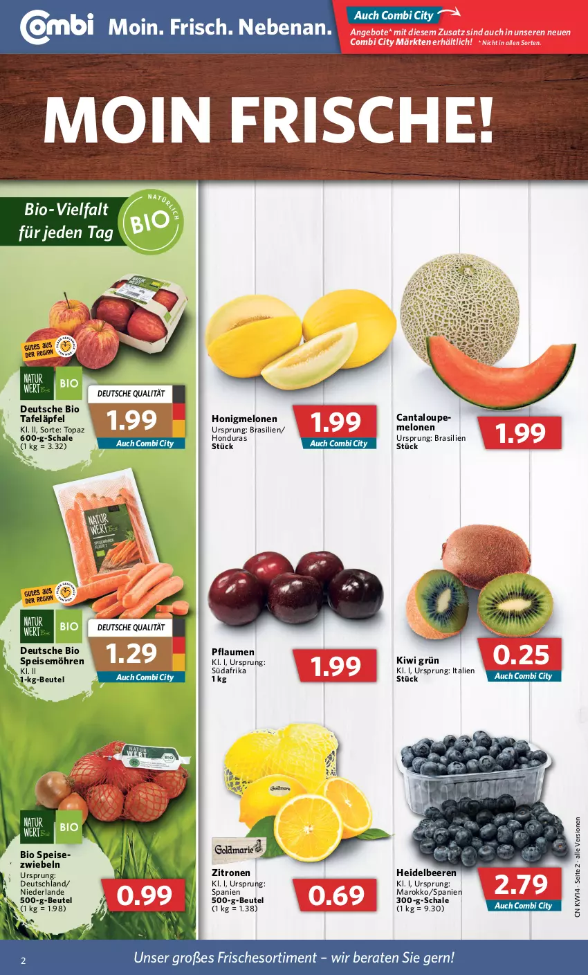 Aktueller Prospekt Combi - Prospekte - von 04.04 bis 09.04.2022 - strona 2 - produkty: angebot, angebote, beere, beeren, beutel, bio, eis, heidelbeere, heidelbeeren, honig, honigmelone, honigmelonen, kiwi, melone, melonen, möhren, pflaume, pflaumen, Schal, Schale, speisemöhren, Speisezwiebeln, tafeläpfel, Ti, zitrone, zitronen, zwiebel, zwiebeln