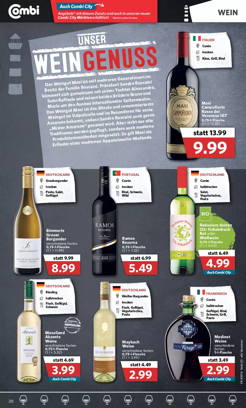 Aktueller Prospekt Combi - Prospekte - von 04.04 bis 09.04.2022 - strona 20 - produkty: amaro, angebot, angebote, auer, burgunder, cuvée, ente, fisch, flasche, Geflügel, grauburgunder, grauer burgunder, grill, Käse, maybach, medinet, merl, Mode, moselland, pasta, riesling, rind, salat, schwein, sim, Ti, Vegeta, wein, weine, Weißwein, Wild