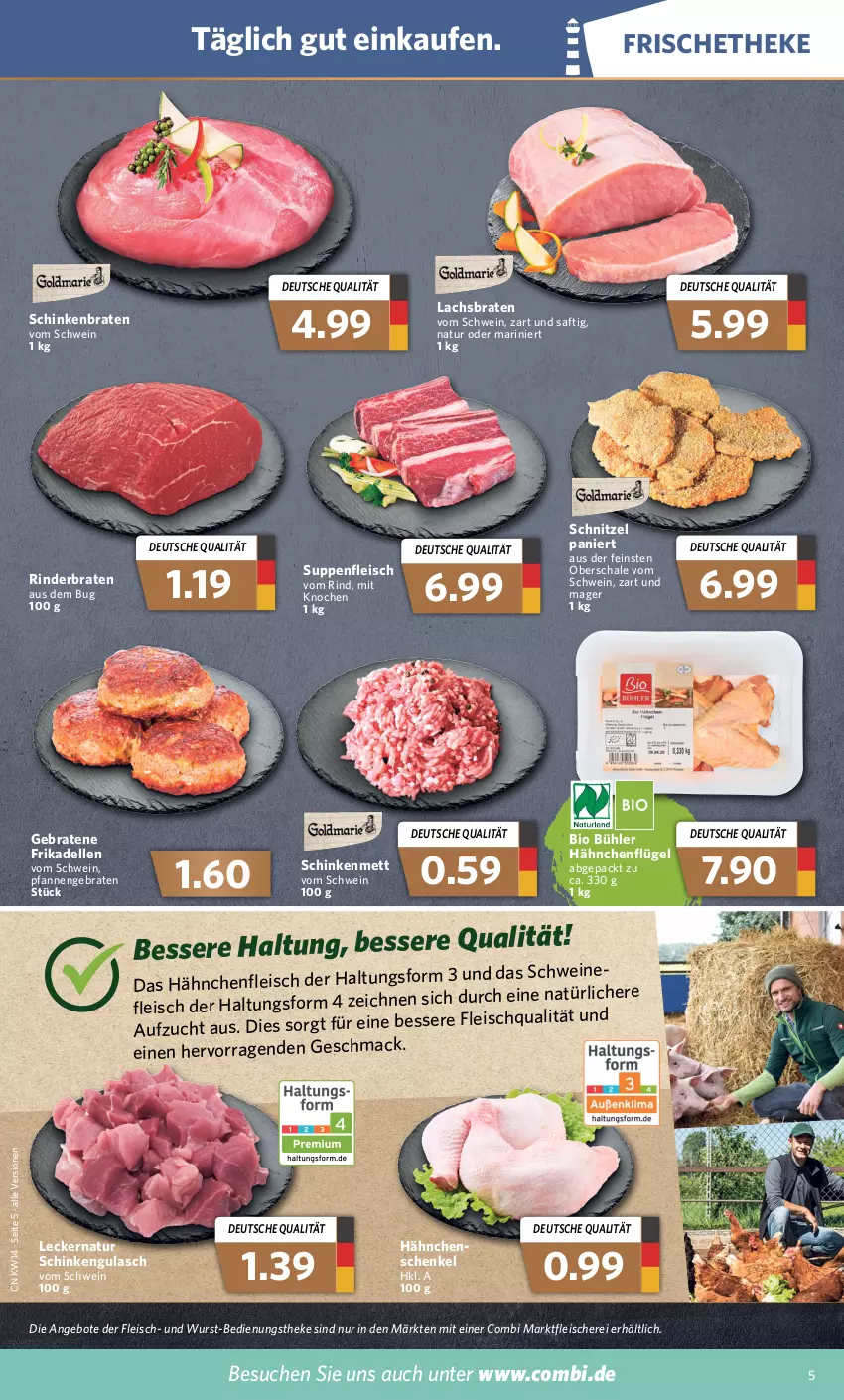 Aktueller Prospekt Combi - Prospekte - von 04.04 bis 09.04.2022 - strona 5 - produkty: angebot, angebote, bio, braten, dell, eis, elle, fleisch, Fleischerei, frikadellen, gulasch, Hähnchenfleisch, hähnchenflügel, hähnchenschenkel, henkel, lachs, Lachsbraten, mac, Mett, natur, pfanne, pfannen, rind, rinder, rinderbraten, saft, Schal, Schale, schenkel, Schere, schinken, schinkenbraten, schnitzel, schwein, schweine, suppe, suppen, suppenfleisch, Ti, wein, weine, wurst