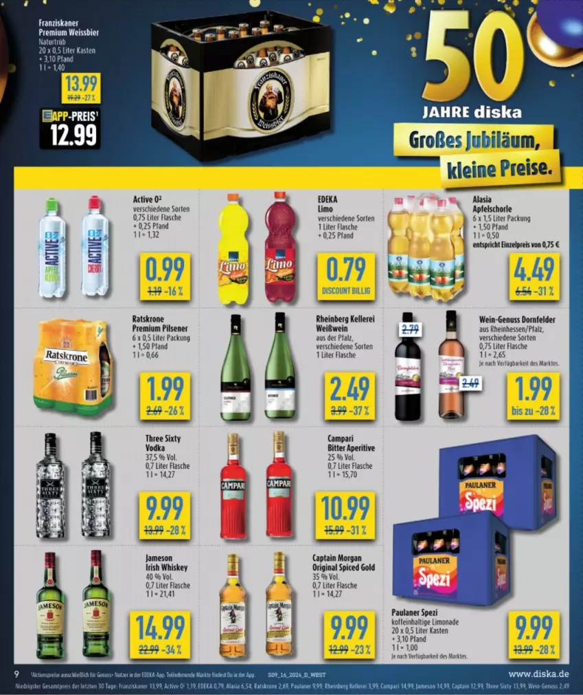 Aktueller Prospekt Diska - von 15.04 bis 20.04.2024 - strona 9 - produkty: apfel, Apfelschorle, bier, Cap, captain morgan, deka, discount, eis, elle, flasche, franziskaner, gin, irish whiskey, jameson, krone, leine, limo, limonade, nuss, original spiced gold, Paula, paulaner, pils, pilsener, premium pils, reis, schorle, Three Sixty, Ti, vodka, wein, weissbier, Weißwein, whiskey