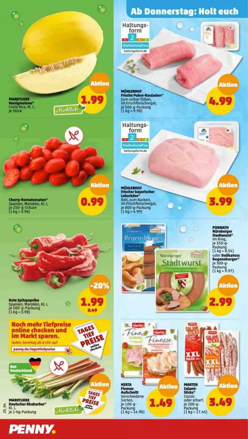 Aktueller Prospekt Penny - Prospekte - von 17.04 bis 22.04.2023 - strona 20 - produkty: aufschnitt, Berger, burger, eis, finesse, fleisch, herta, Käse, leberkäs, leberkäse, nürnberger, paprika, ponnath, pute, regal, regensburger, reis, ring, Romatomaten, rouladen, Schal, Schale, Spitzpaprika, Ti, tiefpreis, tomate, tomaten, uhr, wurst