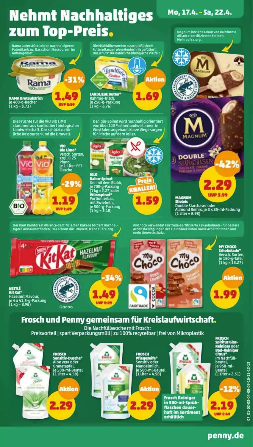 Aktueller Prospekt Penny - Prospekte - von 17.04 bis 22.04.2023 - strona 7 - produkty: aloe vera, apfel, asti, Bau, beutel, bio, bio limo, bohne, bohnen, brie, dusche, eis, ente, flasche, Frosch, früchte, grana, granatapfel, iglo, kakao, limo, magnum, mandel, milch, mit zwiebeln, pflanze, pflanzen, preisvorteil, rama, Rana, reis, rwe, schoko, schokolade, spinat, tee, Ti, top-preis, zwiebel, zwiebeln