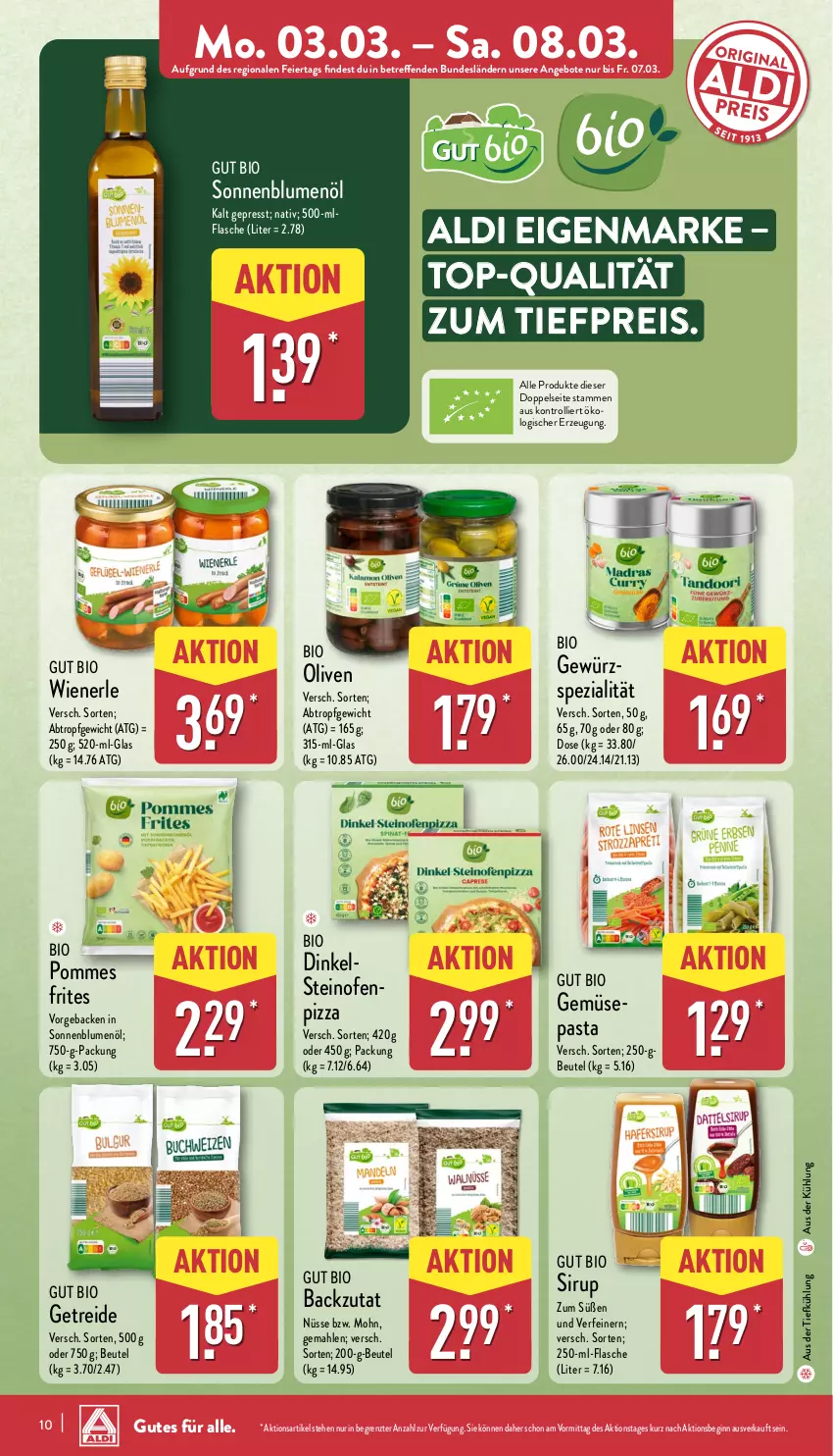 Aktueller Prospekt Aldi Nord - Von Montag - von 03.03 bis 08.03.2025 - strona 10 - produkty: aldi, angebot, angebote, aus der tiefkühlung, beutel, bio, bio gemüse, blume, blumen, blumenöl, eier, eis, flasche, geback, gewürz, gin, Ofen, olive, oliven, pasta, pizza, pommes, reis, sirup, sonnenblume, sonnenblumen, sonnenblumenöl, Spezi, steinofen, Ti, tiefpreis, trolli, wiener, ZTE