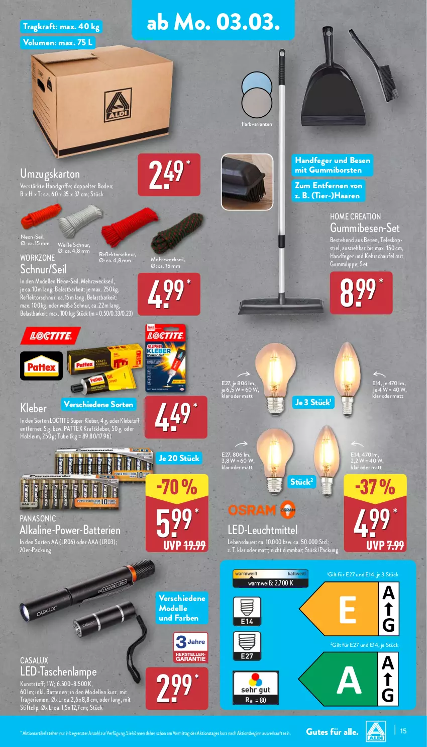 Aktueller Prospekt Aldi Nord - Von Montag - von 03.03 bis 08.03.2025 - strona 15 - produkty: auer, batterie, batterien, dell, elle, gin, Gummibesen, Holz, K2, kleber, kraft, Lampe, leuchtmittel, Mode, panasonic, pattex, Ria, Tasche, taschen, taschenlampe, Teleskop, Ti, umzugskarton, weck, ZTE