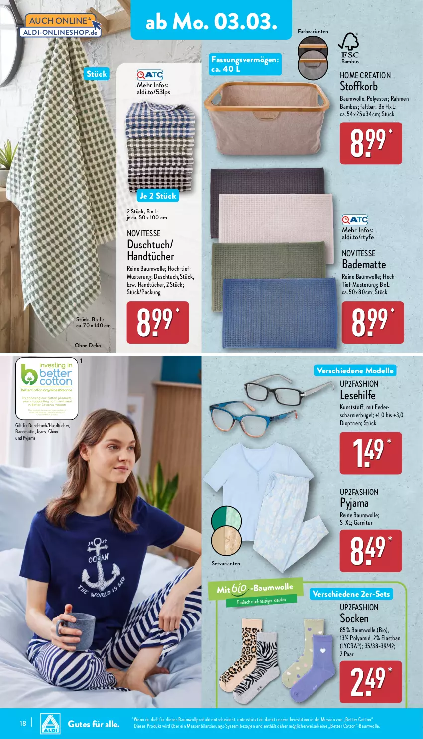 Aktueller Prospekt Aldi Nord - Von Montag - von 03.03 bis 08.03.2025 - strona 18 - produkty: aldi, Bad, badematte, bambus, Bau, baumwolle, bett, bio, bügel, dell, duschtuch, eis, elle, garnitur, handtücher, jeans, kleid, korb, Mode, Pyjama, reine baumwolle, Ria, rwe, socken, Ti, tuc, tücher, up2fashion, wolle