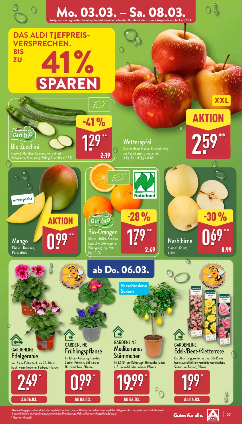 Aktueller Prospekt Aldi Nord - Von Montag - von 03.03 bis 08.03.2025 - strona 29 - produkty: aldi, angebot, angebote, auer, Bau, Bauer, beutel, bio, bio-zucchini, Blüte, Brei, eier, eis, geranie, kulturtopf, lavendel, LG, mango, Nashi, orange, orangen, pflanze, Primeln, reis, Ti, topf, trolli, zucchini