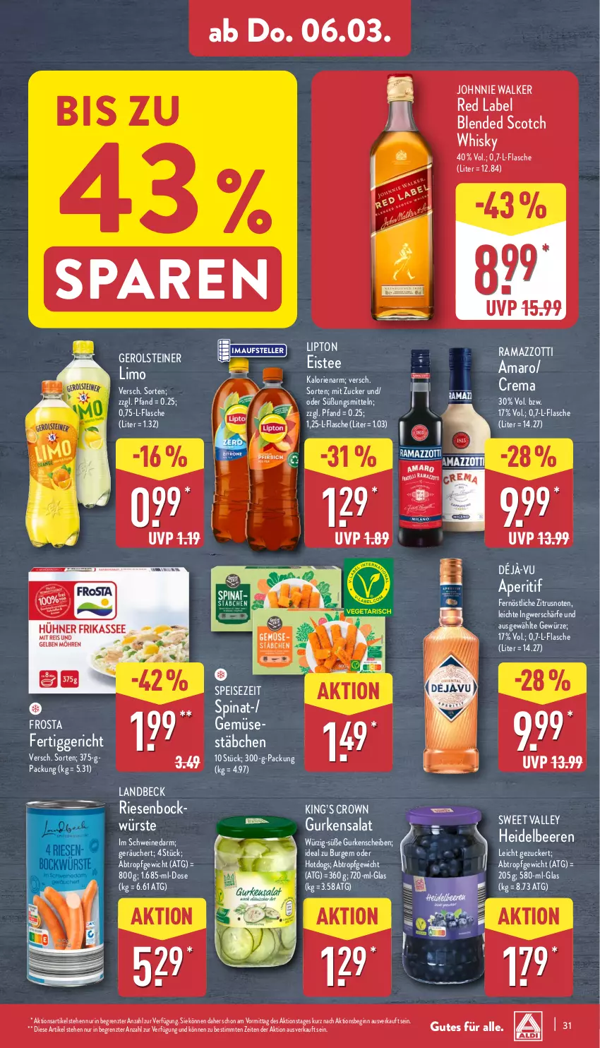 Aktueller Prospekt Aldi Nord - Von Montag - von 03.03 bis 08.03.2025 - strona 33 - produkty: amaro, aperitif, beere, beeren, blended scotch, blended scotch whisky, burger, eis, eistee, elle, fertiggericht, flasche, frosta, gerolsteine, gerolsteiner, gewürz, gin, gurke, gurken, gurkensalat, heidelbeere, heidelbeeren, ingwer, johnnie walker, limo, lipton, rama, ramazzott, ramazzotti, salat, schwein, schweine, scotch, scotch whisky, spinat, steiner, tee, teller, Ti, wein, weine, whisky, zott, ZTE, zucker