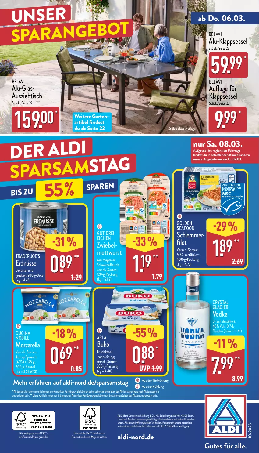 Aktueller Prospekt Aldi Nord - Von Montag - von 03.03 bis 08.03.2025 - strona 38 - produkty: aldi, alu-klappsessel, angebot, angebote, arla, arla buko, aus der tiefkühlung, auto, beutel, Buko, cin, eier, eis, erdnüsse, filet, flasche, fleisch, frischkäse, Garten, gin, Käse, klappsessel, magazin, Mett, mettwurst, mozzarella, papier, rel, salz, schwein, schweine, schweinefleisch, sessel, Stühl, telefon, Ti, tisch, vodka, wein, weine, wurst, ZTE, zwiebel, zwiebelmettwurst