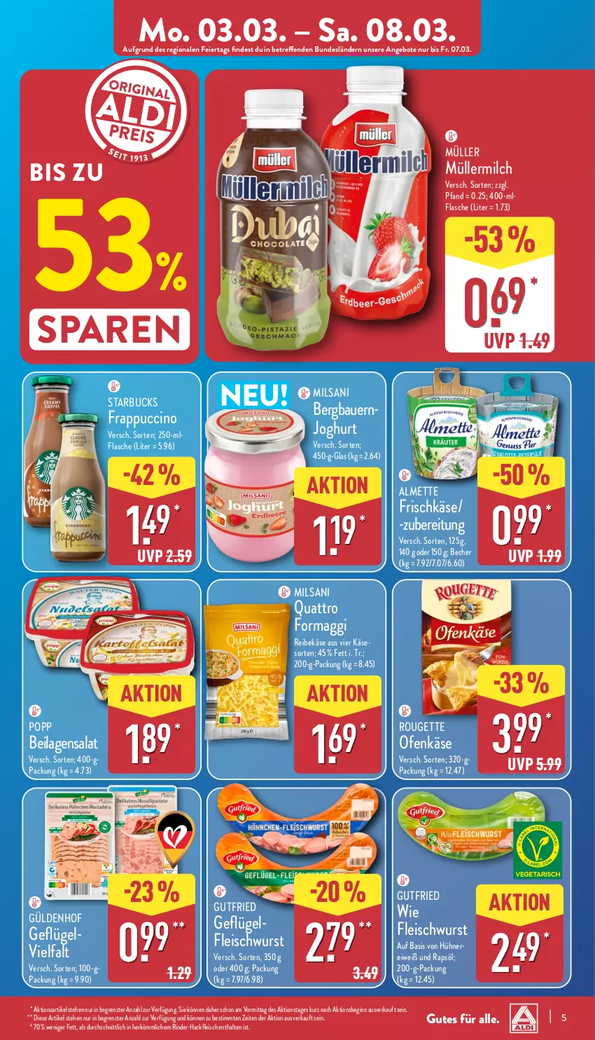 Aktueller Prospekt Aldi Nord - Von Montag - von 03.03 bis 08.03.2025 - strona 5 - produkty: almette, angebot, angebote, auer, Bau, Bauer, Becher, cin, eier, eis, Elvie, flasche, fleisch, fleischwurst, frischkäse, Geflügel, gin, gutfried, hackfleisch, hühner, ilag, joghur, joghurt, Käse, maggi, Mett, milch, Müller, müllermilch, Ofen, Ofenkäse, Popp, rapsöl, Reibekäse, rind, rinder, rinder-hackfleisch, rouge, rougette, salat, starbucks, Ti, wurst, ZTE