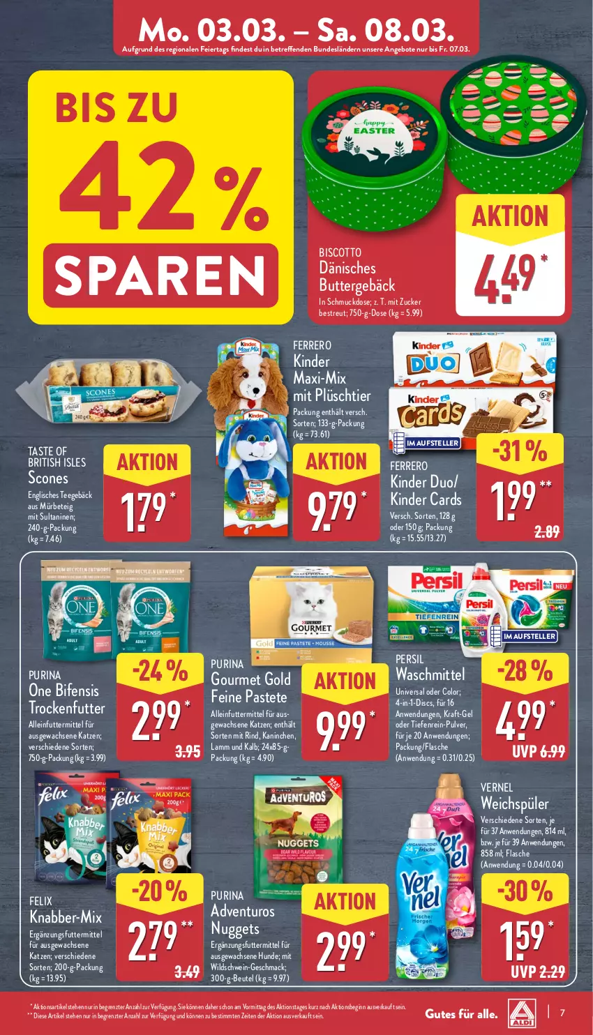 Aktueller Prospekt Aldi Nord - Von Montag - von 03.03 bis 08.03.2025 - strona 7 - produkty: adventuros, alleinfuttermittel, angebot, angebote, beutel, biscotto, butter, eier, elle, felix, ferrero, flasche, gin, gourmet gold, Kinder, Kinder Maxi, kraft, lamm, mac, nuggets, pastete, persil, persil waschmittel, Plüsch, purina, rind, Schmuck, schwein, tee, teller, Ti, trockenfutter, vernel, waschmittel, weichspüler, wein, Wild, Wildschwein, ZTE, zucker