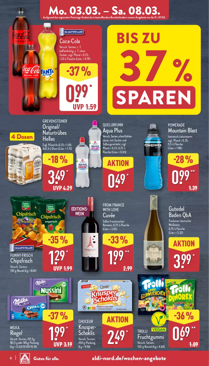 Aktueller Prospekt Aldi Nord - Von Montag - von 03.03 bis 08.03.2025 - strona 8 - produkty: aldi, angebot, angebote, aqua, Bad, beutel, chips, chipsfrisch, coca-cola, cola, cuvée, eier, elle, flasche, frucht, fruchtgummi, funny-frisch, gin, grevensteiner, milka, natur, Quellbrunn, riegel, rotwein, steiner, teller, Ti, trolli, trolli fruchtgummi, wein, Weißwein, zucker