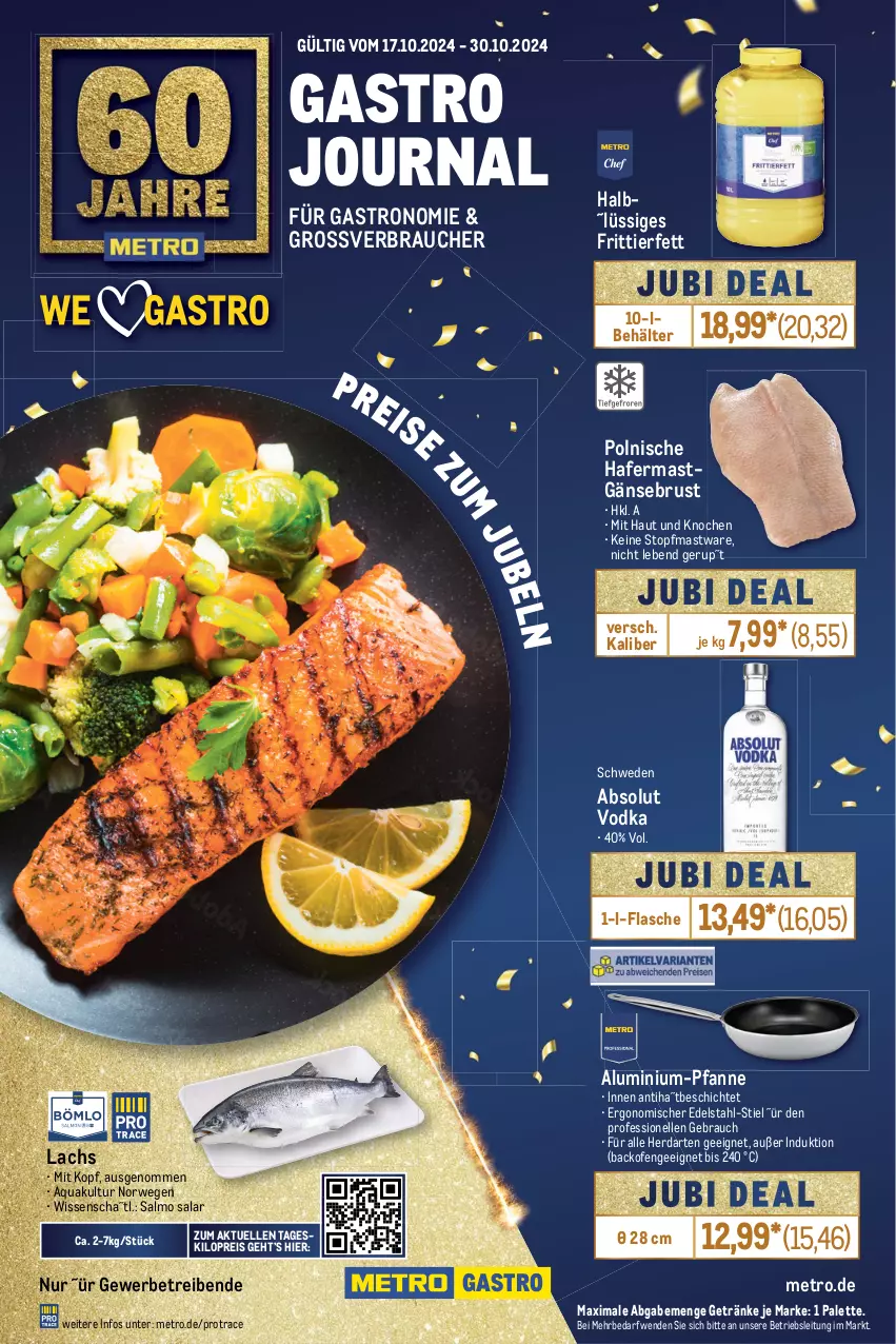 Aktueller Prospekt Metro - GastroJournal - von 17.10 bis 30.10.2024 - strona 1 - produkty: Absolut Vodka, aqua, backofen, Behälter, edelstahl, eis, elle, flasche, Gänsebrust, getränk, getränke, hafer, herdarten, lachs, Metro, Ofen, Palette, pfanne, Rauch, reis, rwe, Ti, topf, vodka