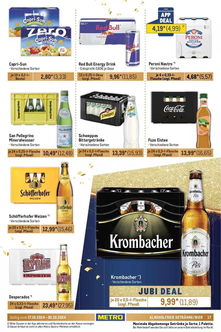 Aktueller Prospekt Metro - GastroJournal - von 17.10 bis 30.10.2024 - strona 17 - produkty: alkohol, alkoholfreie getränke, Alwa, beutel, bier, bohne, Cap, capri-sun, cookie, cookies, coupon, desperados, drink, eis, eistee, elle, energy drink, flasche, gebäckmischung, getränk, getränke, jacobs, kaffee, krombache, krombacher, lack, lavazza, mars, merci, Meßmer, Metro, metro gastro, mineralwasser, Palette, Peroni, red bull, san pellegrino, schöfferhofer, schweppes, tee, Ti, wasser