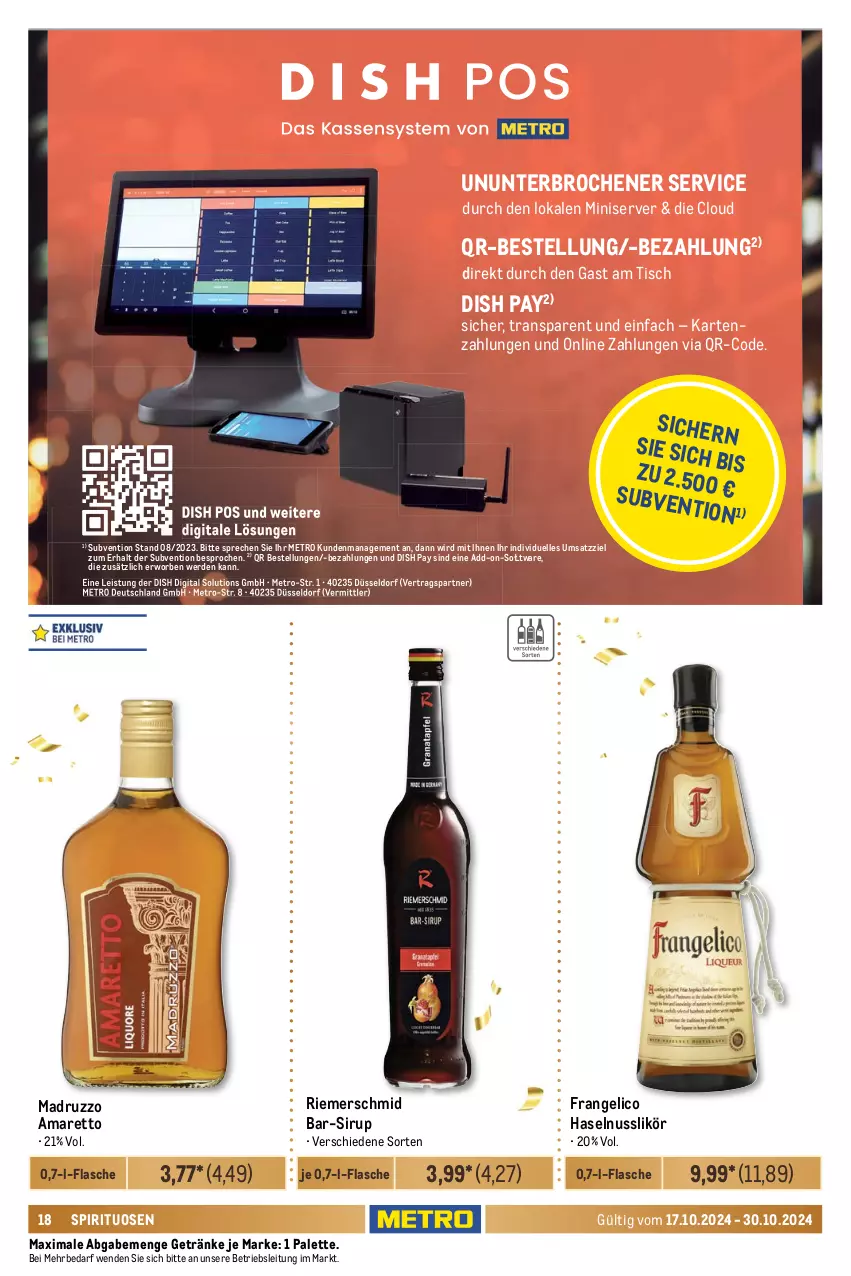 Aktueller Prospekt Metro - GastroJournal - von 17.10 bis 30.10.2024 - strona 18 - produkty: Amaretto, aqua, aquavit, bacardi, bacardi rum, dry gin, eier, eis, elle, erde, Fernet, fernet branca, flasche, frangelico, getränk, getränke, gin, haselnuss, johnnie walker, likör, Metro, nuss, osborne, ouzo, Palette, rum, sirup, spirituosen, Tanqueray, Ti, tisch, tuc, veterano