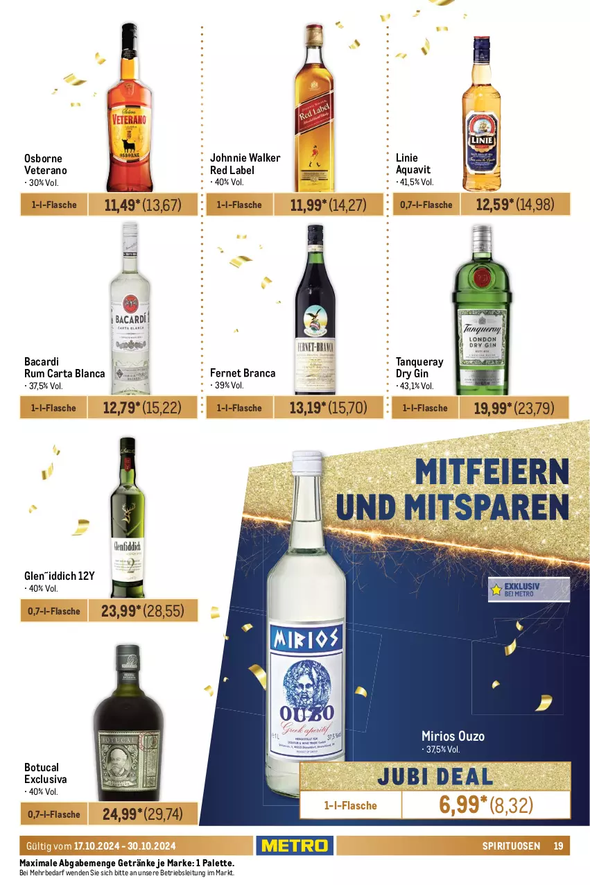 Aktueller Prospekt Metro - GastroJournal - von 17.10 bis 30.10.2024 - strona 19 - produkty: Amaretto, aqua, aquavit, bacardi, bacardi rum, dry gin, eier, eis, elle, erde, Fernet, fernet branca, flasche, frangelico, getränk, getränke, gin, haselnuss, johnnie walker, likör, Metro, nuss, osborne, ouzo, Palette, rum, sirup, spirituosen, Tanqueray, Ti, tisch, tuc, veterano