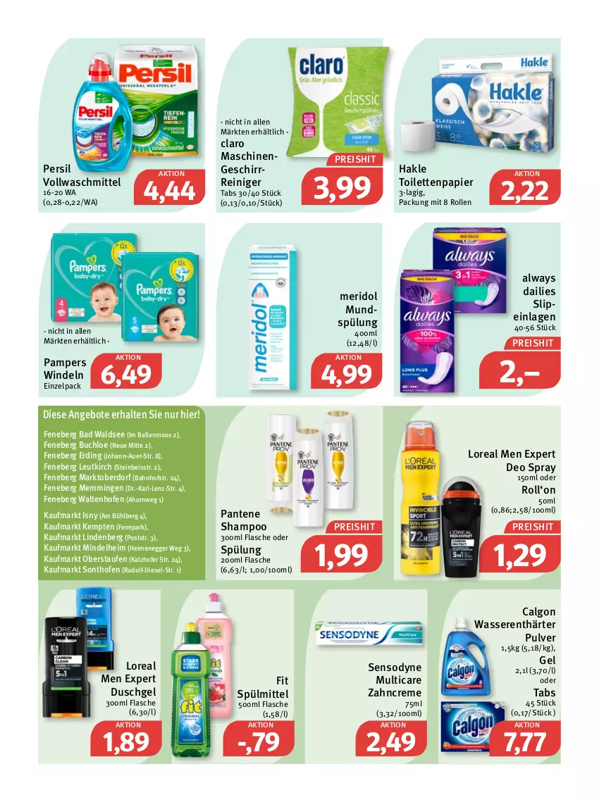 Aktueller Prospekt Feneberg - Prospekte - von 21.04 bis 23.04.2022 - strona 11 - produkty: Alwa, Always, angebot, angebote, auer, Bad, ball, buch, calgon, chloe, creme, dailies, deo, deo spray, Diesel, duschgel, Egger, eis, emmi, flasche, geschirr, hakle, hakle toilettenpapier, LG, loreal, meridol, mundspülung, Ofen, pampers, pantene, papier, persil, reiniger, reis, sensodyne, shampoo, slip, slipeinlagen, spülmittel, spülung, Ti, toilettenpapier, vollwaschmittel, waschmittel, wasser, wasserenthärter, windeln, zahncreme