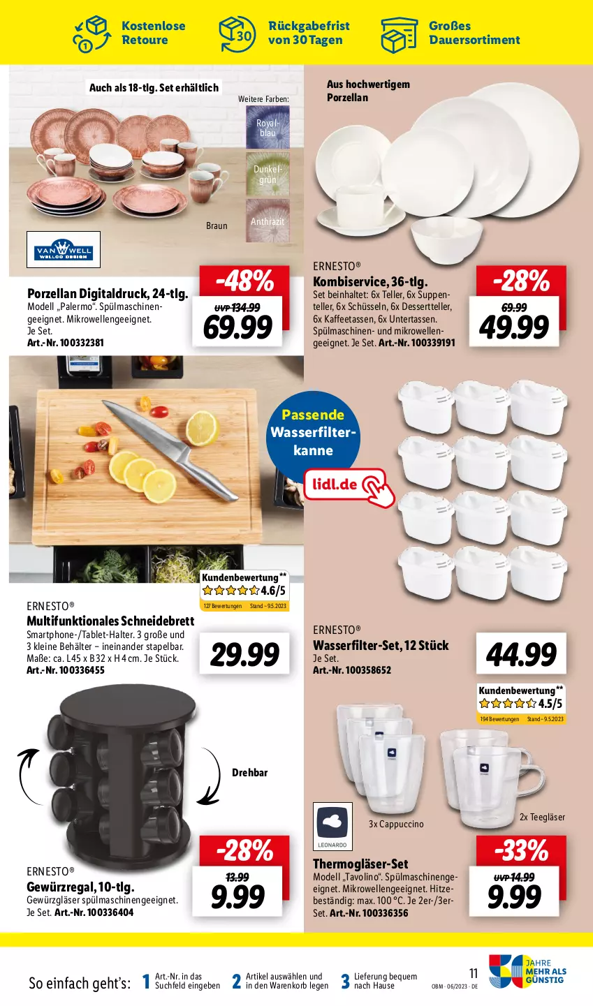 Aktueller Prospekt Lidl - Juni-Highlights im Onlineshop - von 01.06 bis 30.06.2023 - strona 11 - produkty: auer, Behälter, braun, Cap, cappuccino, cin, dell, dessert, Dessertteller, elle, ente, ernesto, gewürz, Gläser, kaffee, Kaffeetassen, Kombiservice, korb, leine, LG, mikrowelle, Mode, regal, schneidebrett, schüssel, smartphone, spülmaschinen, suppe, suppen, tablet, tasse, tee, teller, Thermogläser, Ti, wasser, wasserfilter