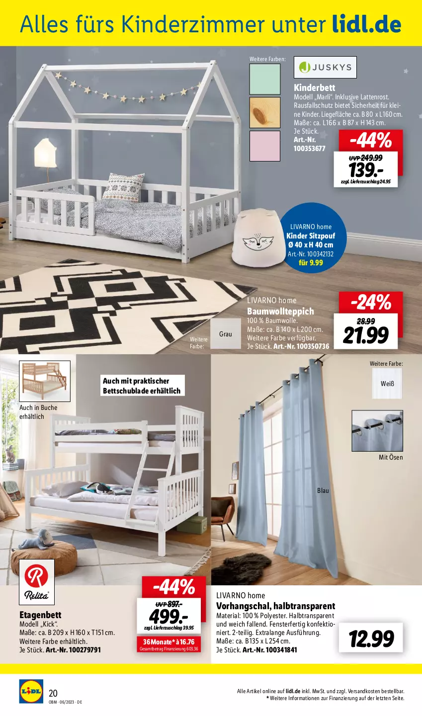 Aktueller Prospekt Lidl - Juni-Highlights im Onlineshop - von 01.06 bis 30.06.2023 - strona 20 - produkty: Bau, baumwolle, bett, buch, dell, Etagenbett, fenster, Kinder, Kinderbett, Kinderzimmer, latte, lattenrost, leine, Liege, Mode, ndk, Ria, Schal, teppich, Ti, tisch, wolle, ZTE