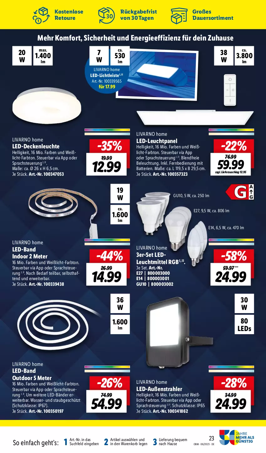 Aktueller Prospekt Lidl - Juni-Highlights im Onlineshop - von 01.06 bis 30.06.2023 - strona 23 - produkty: auer, batterie, batterien, beleuchtung, decke, deckenleuchte, eis, fernbedienung, korb, led-deckenleuchte, led-licht, leds, Leuchte, leuchtmittel, rwe, Ti, wasser