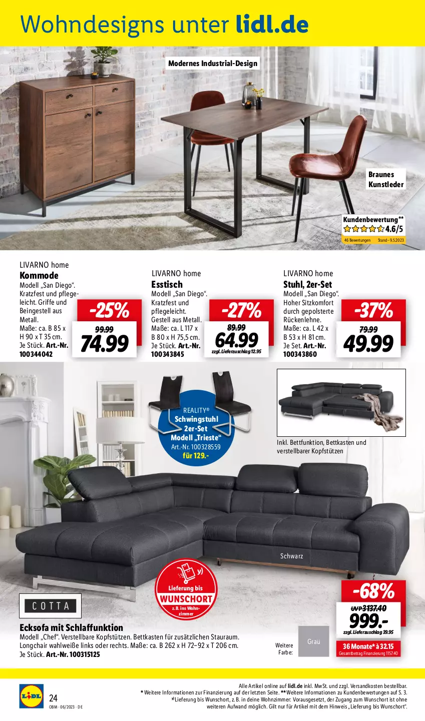 Aktueller Prospekt Lidl - Juni-Highlights im Onlineshop - von 01.06 bis 30.06.2023 - strona 24 - produkty: bett, bettkasten, braun, dell, eis, esstisch, kommode, kopfstütze, Mode, ndk, Ria, rückenlehne, schwingstuhl, Sofa, stuhl, Ti, tisch, ZTE