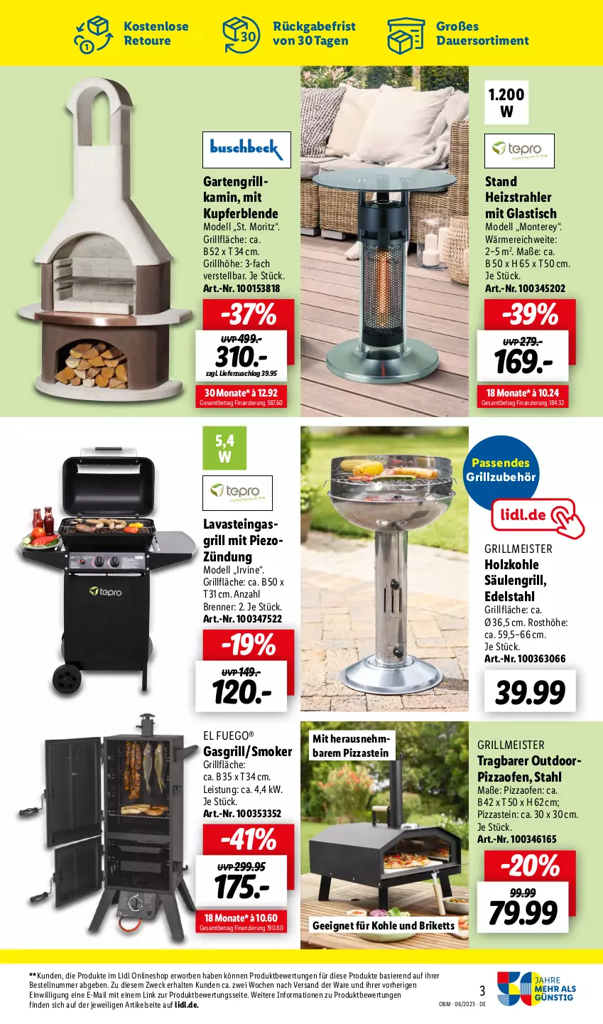 Aktueller Prospekt Lidl - Juni-Highlights im Onlineshop - von 01.06 bis 30.06.2023 - strona 3 - produkty: asti, auer, briketts, dell, edelstahl, eis, Garten, gasgrill, grill, grillfläche, Grillzubehör, Holz, holzkohle, Kamin, korb, Meister, Mode, monte, Ofen, pizza, Pizzaofen, Säulengrill, Ti, tisch, weck