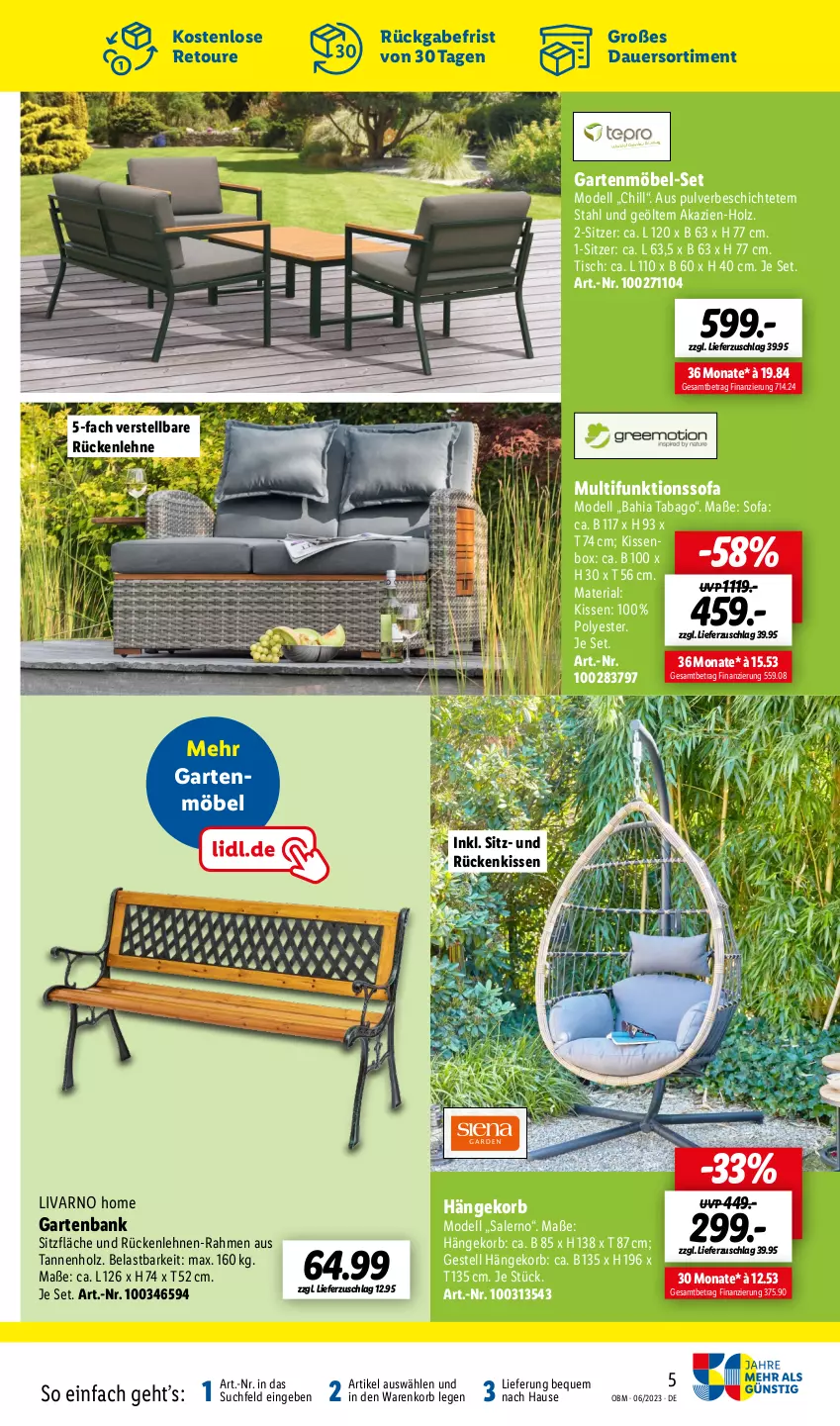 Aktueller Prospekt Lidl - Juni-Highlights im Onlineshop - von 01.06 bis 30.06.2023 - strona 5 - produkty: auer, Bank, dell, funktionssofa, Garten, gartenbank, gartenmöbel, Holz, kissen, korb, möbel, Mode, Ria, Rückenkissen, rückenlehne, Sofa, Ti, tisch