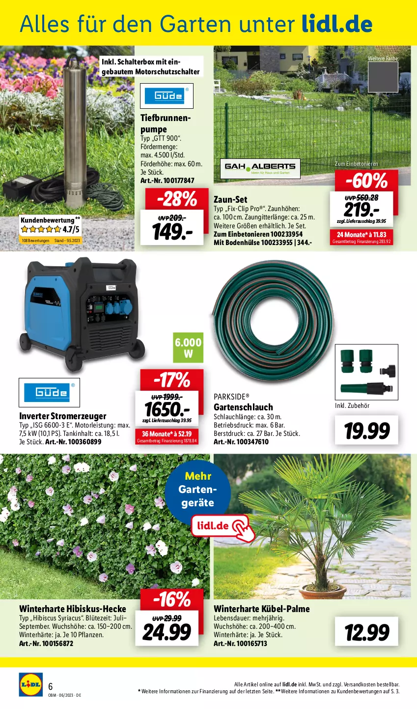 Aktueller Prospekt Lidl - Juni-Highlights im Onlineshop - von 01.06 bis 30.06.2023 - strona 6 - produkty: auer, Bau, Blüte, brunnen, eis, Garten, gartenschlauch, ndk, Parkside, pflanze, pflanzen, Ria, Schal, schlauch, Stromerzeuger, Ti, Tiefbrunnenpumpe, ZTE