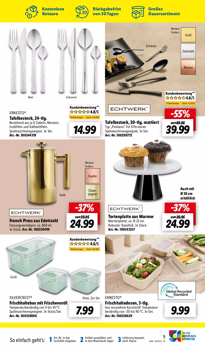 Aktueller Prospekt Lidl - Juni-Highlights im Onlineshop - von 01.06 bis 30.06.2023 - strona 9 - produkty: auer, besteck, champagne, champagner, edelstahl, ernesto, frischhaltedosen, gabel, kaffee, korb, latte, LG, Löffel, messer, silvercrest, spülmaschinen, Ti, torte