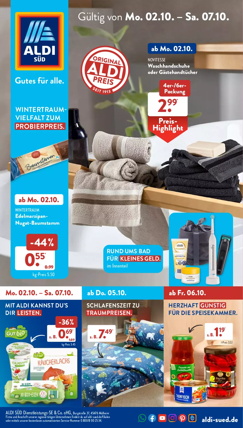 Aktueller Prospekt AldiSud - NÄCHSTE WOCHE - von 02.10 bis 07.10.2023 - strona 1 - produkty: aldi, auto, Bad, Bau, bier, Edelmarzipan, eis, ente, handschuhe, handtücher, leine, marzipan, reis, schuhe, Ti, tücher, waschhandschuh