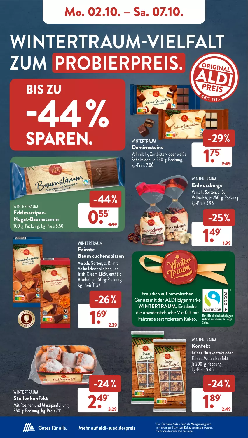 Aktueller Prospekt AldiSud - NÄCHSTE WOCHE - von 02.10 bis 07.10.2023 - strona 8 - produkty: aldi, alkohol, Bau, bier, decke, Dominosteine, Edelmarzipan, eis, erde, erdnuss, je 250-g-packung, kakao, kuchen, LG, likör, mandel, marzipan, Marzipanfüllung, milch, nuss, reis, schoko, schokolade, Stollen, Ti, vollmilch, Weiße Schokolade