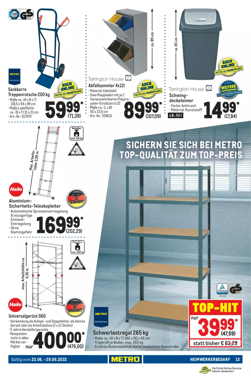 Aktueller Prospekt Metro - NonFood - von 01.06 bis 24.07.2022 - strona 13 - produkty: auto, decke, Deckel, edelstahl, eimer, eis, elle, kraft, leimer, leine, LG, Metro, regal, reis, Ria, riegel, rwe, sac, schwerlastregal, Teleskop, teller, Ti, tisch, top-hit, top-preis