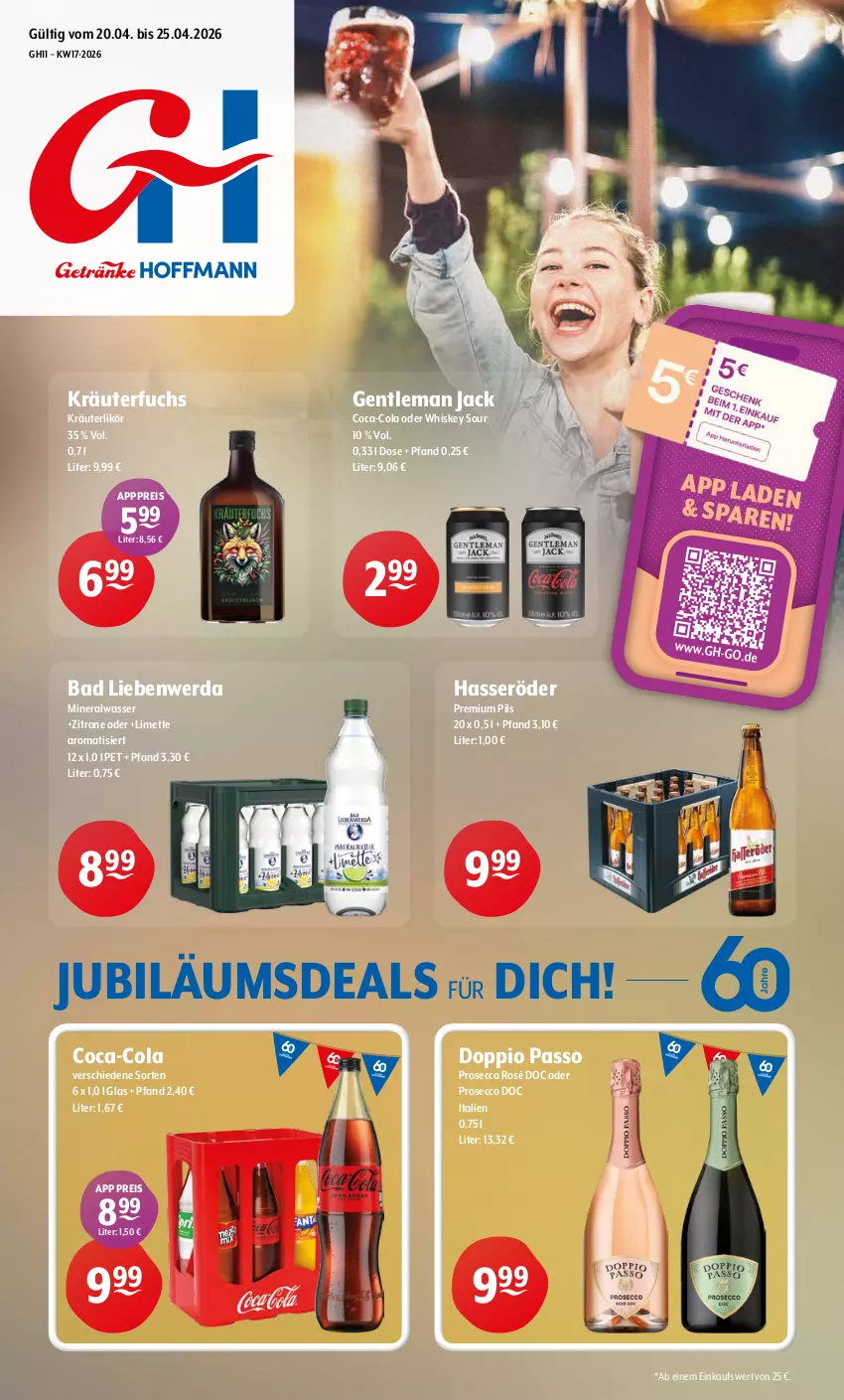 Aktueller Prospekt Getraenke Hoffmann - Prospekte - von 20.04 bis 25.04.2026 - strona 1 - produkty: Alwa, Bad, Bad Liebenwerda, coca-cola, cola, doppio passo, ecco, eis, hasseröder, Jubiläums, kräuter, kräuterlikör, likör, limette, Mett, mineralwasser, passo, pils, premium pils, prosecco, reis, Ti, wasser, whiskey, zitrone