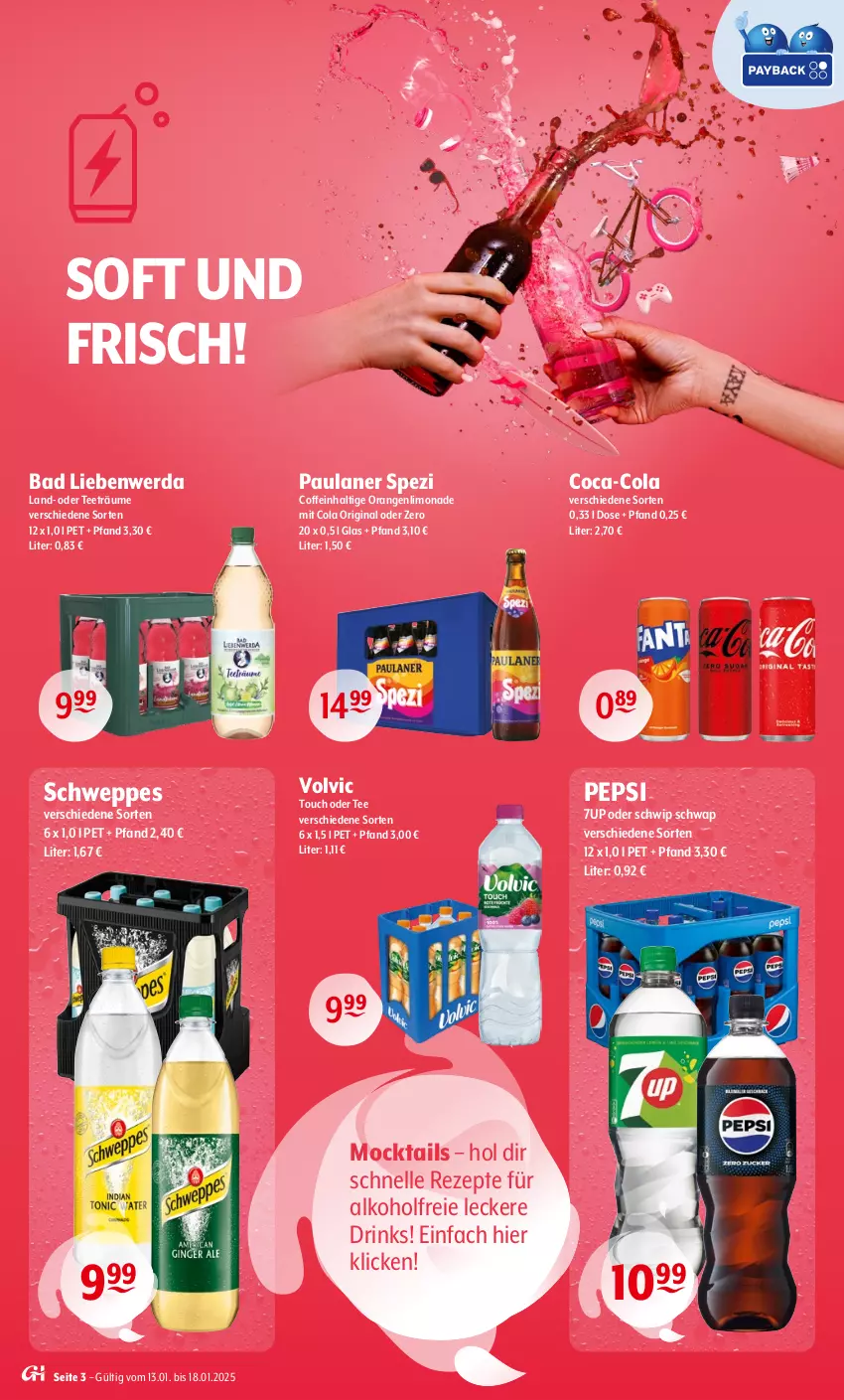 Aktueller Prospekt Getraenke Hoffmann - Prospekte - von 13.01 bis 18.01.2025 - strona 3 - produkty: 7UP, alkohol, Bad, Bad Liebenwerda, coca-cola, coffein, cola, drink, drinks, elle, gin, limo, limonade, orange, orangen, Paula, paulaner, pepsi, rezept, rezepte, schweppes, Schwip Schwap, Spezi, tee, Ti, volvic