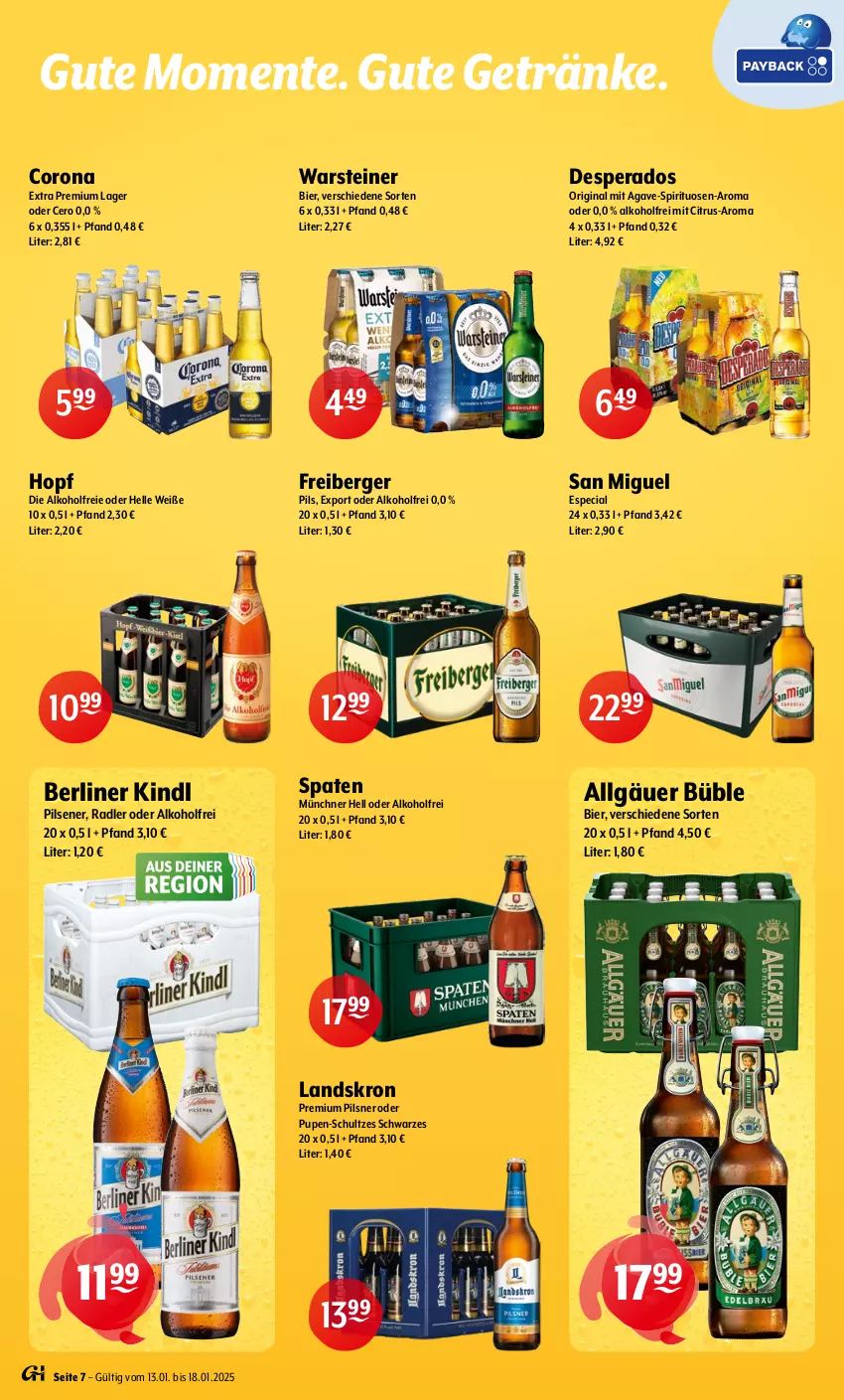 Aktueller Prospekt Getraenke Hoffmann - Prospekte - von 13.01 bis 18.01.2025 - strona 7 - produkty: alkohol, Berger, berliner, berliner kindl, bier, citrus, corona, corona extra, desperados, elle, ente, Freiberger, getränk, getränke, gin, LG, pils, pilsener, pilsner, premium pils, radler, Spaten, spirituosen, steiner, Ti, warsteiner