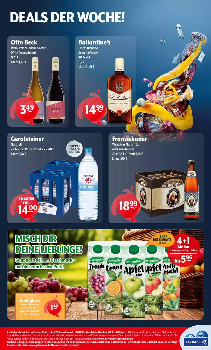 Aktueller Prospekt Getraenke Hoffmann - Prospekte - von 13.01 bis 18.01.2025 - strona 8 - produkty: abholpreise, alkohol, apfel, ball, bier, blended scotch, blended scotch whisky, eis, franziskaner, frucht, gerolsteine, gerolsteiner, getränk, getränke, gewinnspiel, mac, natur, orange, reis, rel, saft, scotch, scotch whisky, Spiele, steiner, Ti, wein, weissbier, whisky