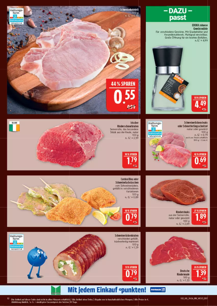 Aktueller Prospekt Marktkauf - Prospekt - von 15.02 bis 21.02.2026 - strona 12 - produkty: Behälter, braten, cordon bleu, deka, eis, gewürz, Gewürzmühle, kotelett, küche, Küchen, lachs, LG, Mett, natur, reis, Ria, rind, rinder, Rindersteak, Rückenbraten, Rückensteak, rückensteaks, Schmetterling, schmorbraten, schnitzel, schwein, schweine, schweinekotelett, Schweinelachs, schweinerücken, steak, steaks, Tasche, taschen, Ti, wein, weine, ZTE