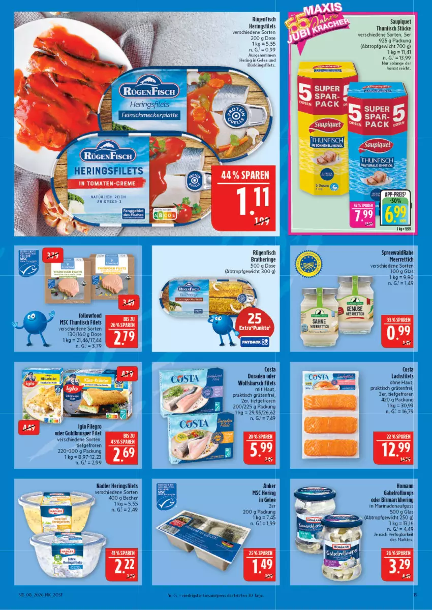 Aktueller Prospekt Marktkauf - Prospekt - von 15.02 bis 21.02.2026 - strona 15 - produkty: Becher, bismarck, Bratheringe, Dorade, eis, filegro, filet, filets, fisch, gelee, hering, Herings, heringsfilets, iglo, lachs, marinade, meerrettich, nadler, reis, Rettich, ring, rügenfisch, saupiquet, thunfisch, thunfisch filets, Ti, tisch, ZTE