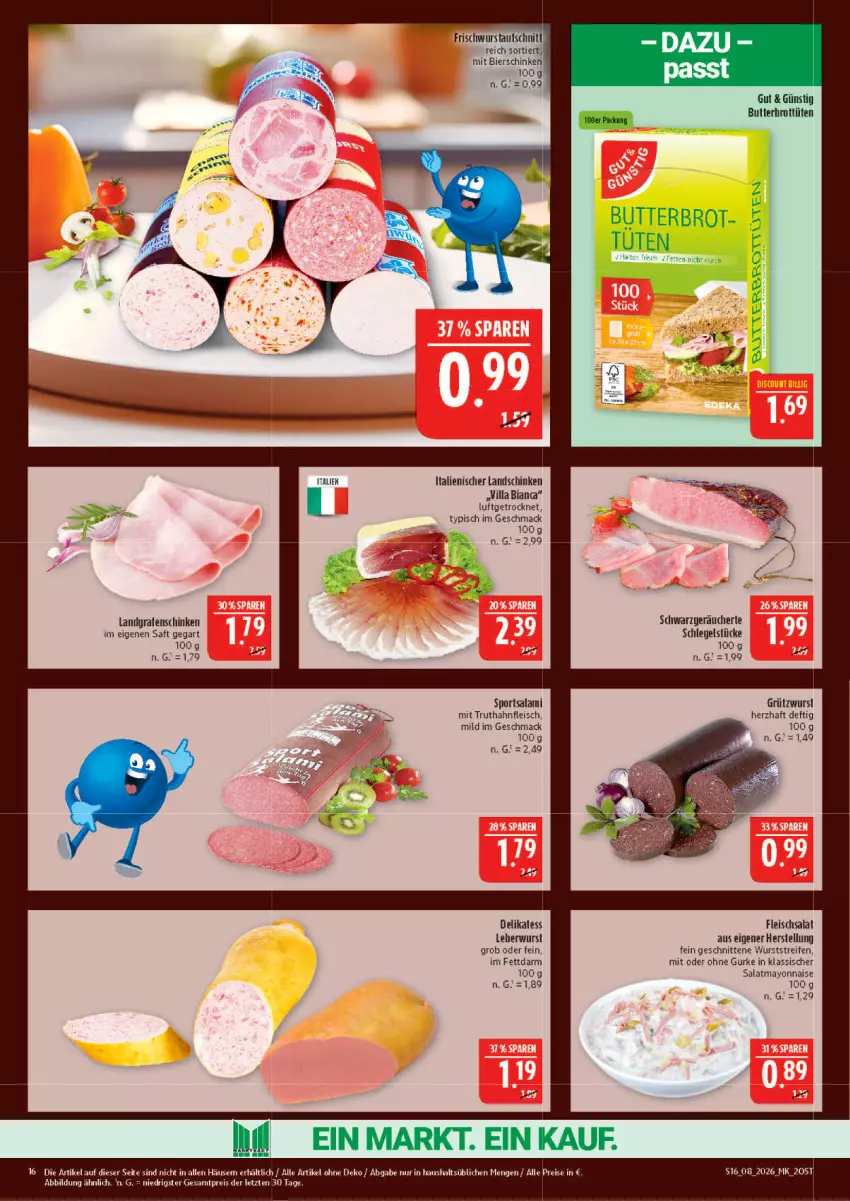 Aktueller Prospekt Marktkauf - Prospekt - von 15.02 bis 21.02.2026 - strona 16 - produkty: bier, bierschinken, brot, butter, eis, fleisch, fleischsalat, gurke, Landgrafenschinken, landschinken, mac, mayonnaise, reifen, reis, saft, salami, salat, schinken, schnitten, Sport, Ti, truthahn, Tüte, wurst, Yo, ZTE