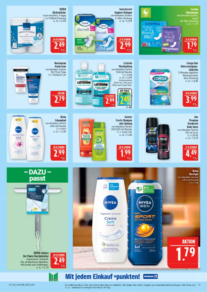 Aktueller Prospekt Marktkauf - Prospekt - von 15.02 bis 21.02.2026 - strona 27 - produkty: Bad, creme, deka, deo, deodorant, Discreet, dusche, eis, flasche, fructis, garnier, handcreme, küche, Küchen, küchentücher, listerine, mundspülung, neutrogena, nivea, reifen, Reinigung, reis, reiss, schaumbad, shampoo, spülung, tablet, tablett, Tablette, Ti, total care, tücher, vita, Vitamine, ZTE