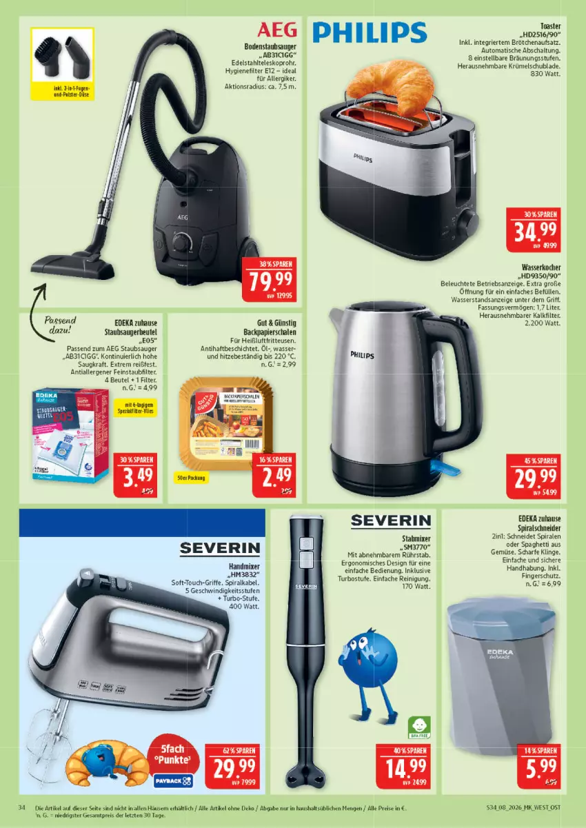 Aktueller Prospekt Marktkauf - Prospekt - von 15.02 bis 21.02.2026 - strona 34 - produkty: aeg, auto, beutel, bodenstaubsauger, brötchen, brötchenaufsatz, deka, edelstahl, eis, erde, fritteuse, handmixer, Heißluftfritteuse, hygienefilter, Kocher, kraft, Leuchte, Mixer, papier, Philips, Reinigung, reis, Schal, Schale, severin, spaghetti, Spiralschneider, stabmixer, staubsauger, staubsaugerbeutel, Teleskop, Ti, tisch, toast, toaster, wasser, wasserkocher, ZTE