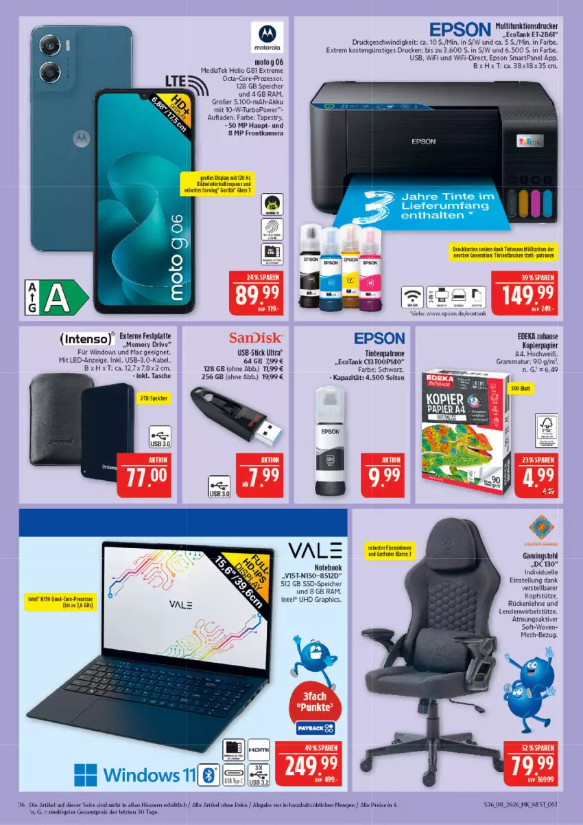 Aktueller Prospekt Marktkauf - Prospekt - von 15.02 bis 21.02.2026 - strona 36 - produkty: akku, deka, drucker, eis, elle, epson, Externe Festplatte, festplatte, flasche, frontkamera, HD Graphics, Intel, intenso, kamera, kopfstütze, kopierpapier, latte, mac, motorola, multifunktionsdrucker, papier, quad, quad-core-prozessor, reis, rückenlehne, rum, ssd, SSD-Speicher, stuhl, Tasche, Ti, Tintenpatrone, uhd, usb, Yo, ZTE