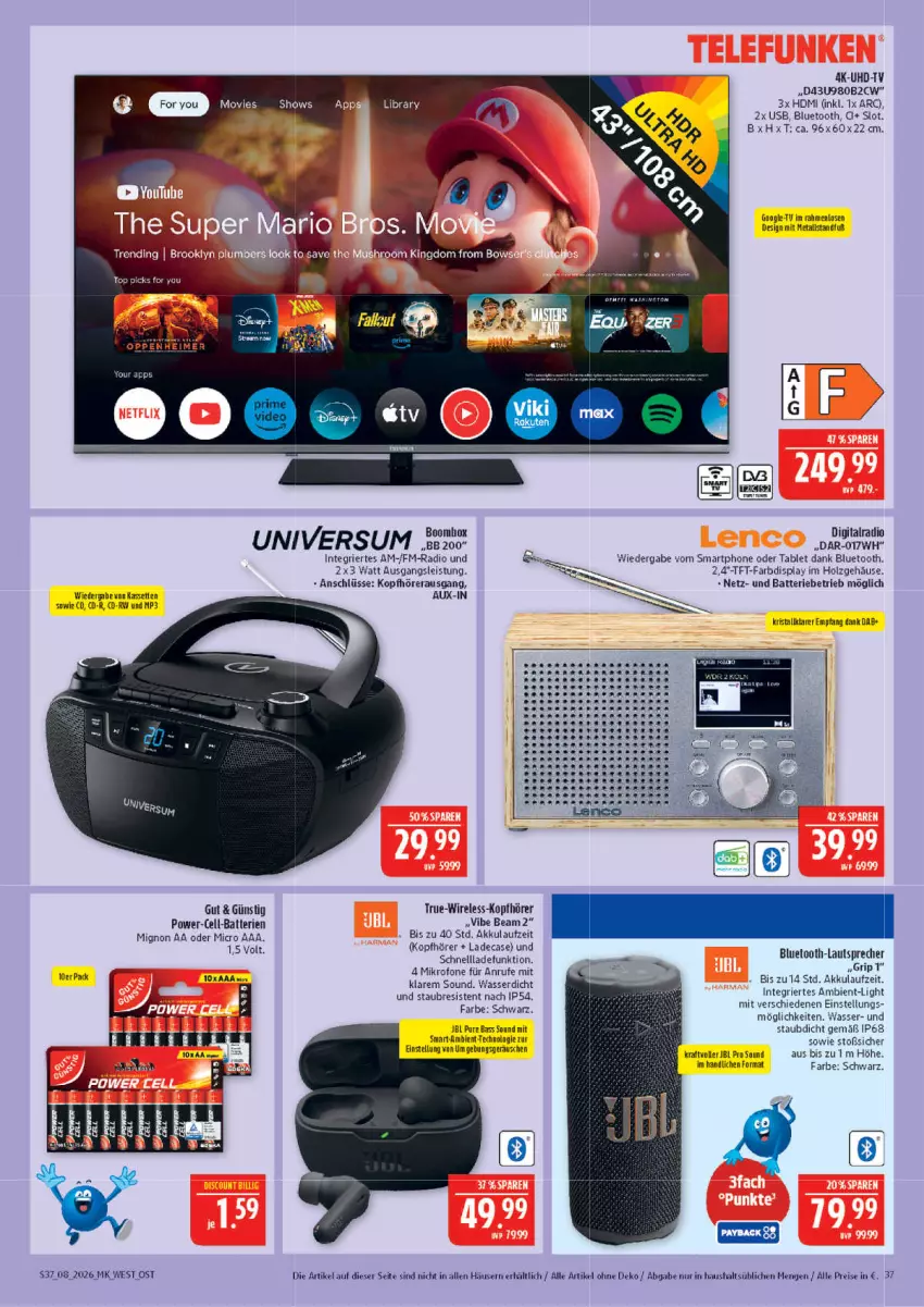 Aktueller Prospekt Marktkauf - Prospekt - von 15.02 bis 21.02.2026 - strona 37 - produkty: akku, batterie, batterien, bluetooth-lautsprecher, eis, HDMI, Holz, jbl, kopfhörer, kraft, lautsprecher, Mp3, Radio, Rana, reis, rel, schnellladefunktion, smartphone, tablet, tft-farbdisplay, Ti, uhd, UHD-TV, usb, wasser, wolle