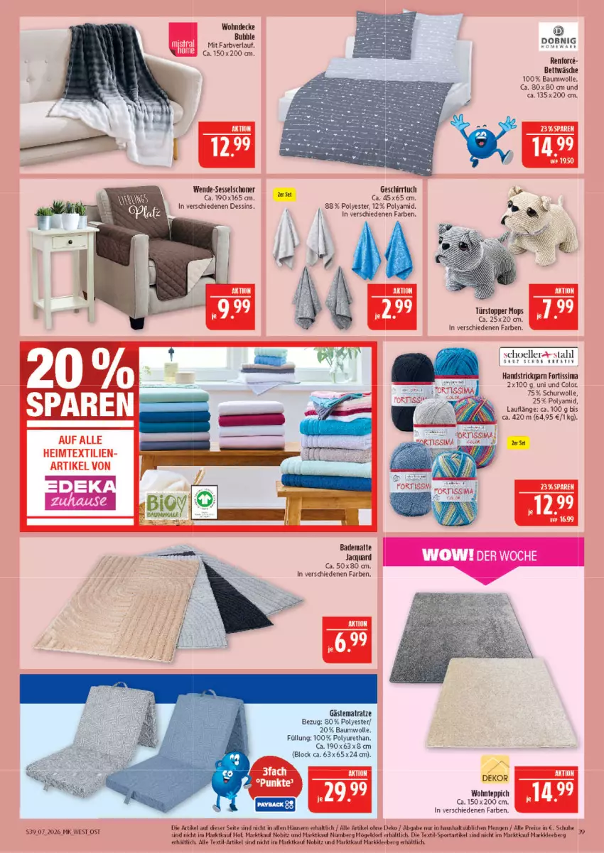 Aktueller Prospekt Marktkauf - Prospekt - von 15.02 bis 21.02.2026 - strona 39 - produkty: Bad, badematte, Bau, baumwolle, bett, bettwäsche, decke, eis, elle, geschirr, heimtextilien, matratze, reis, schuhe, sim, Sport, Strickgarn, teppich, Ti, topper, türstopper, wolle