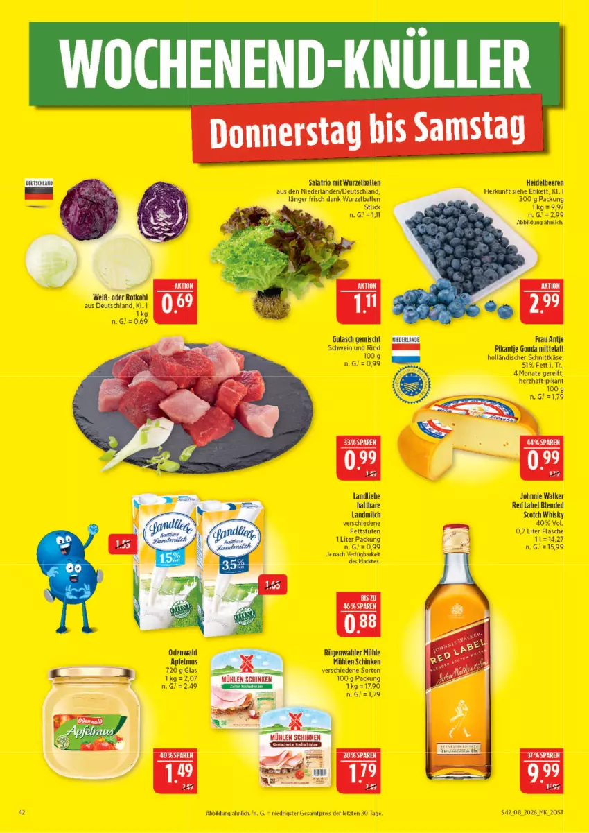 Aktueller Prospekt Marktkauf - Prospekt - von 15.02 bis 21.02.2026 - strona 42 - produkty: ball, eis, flasche, frau antje, gulasch, holländischer schnittkäse, johnnie walker, Käse, landmilch, milch, mühlen schinken, odenwald, reis, rind, rügenwalder, rügenwalder mühle, salat, schinken, schnittkäse, schwein, schwein und rind, scotch, scotch whisky, Ti, wein, whisky, ZTE