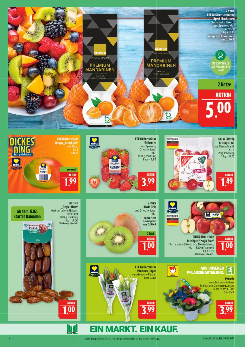 Aktueller Prospekt Marktkauf - Prospekt - von 15.02 bis 21.02.2026 - strona 6 - produkty: beere, beeren, Datteln, deka, eis, ente, erdbeere, erdbeeren, kiwi, mandarine, mandarinen, mango, Primeln, rama, reis, tafeläpfel, Ti, topf, ZTE